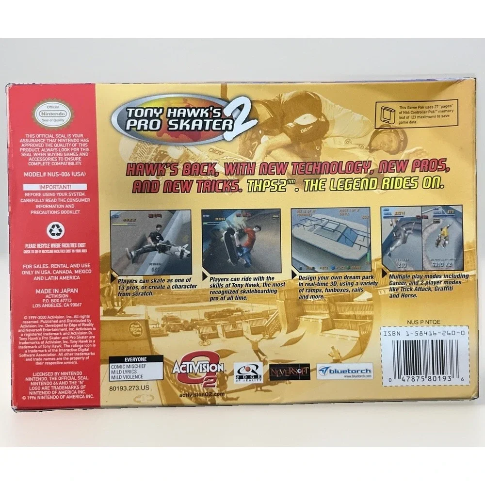 Activision Tony Hawk's Pro Skater 2 w/Box-No Manual-Nintendo 64